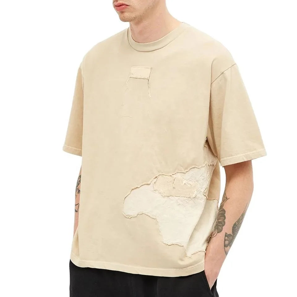 Heavy Cotton Distressed Tshirts Custom Logo Oversized French Terry Patch Work Embroidery Vintage Acid Wash T-Shirts