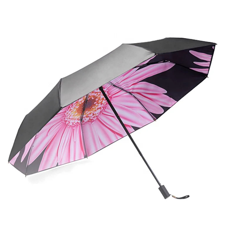 Custom Logo Pink Big Flower Printing 3-Folding Collapsible Parasol Sturdy Umbrella with Manual Control for Business Gifts