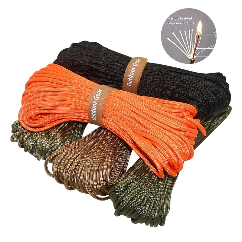 100ft Outdoor Hiking Parachute Cord Camping Survival Firecraft Para Cord with Red Waxed Tinder