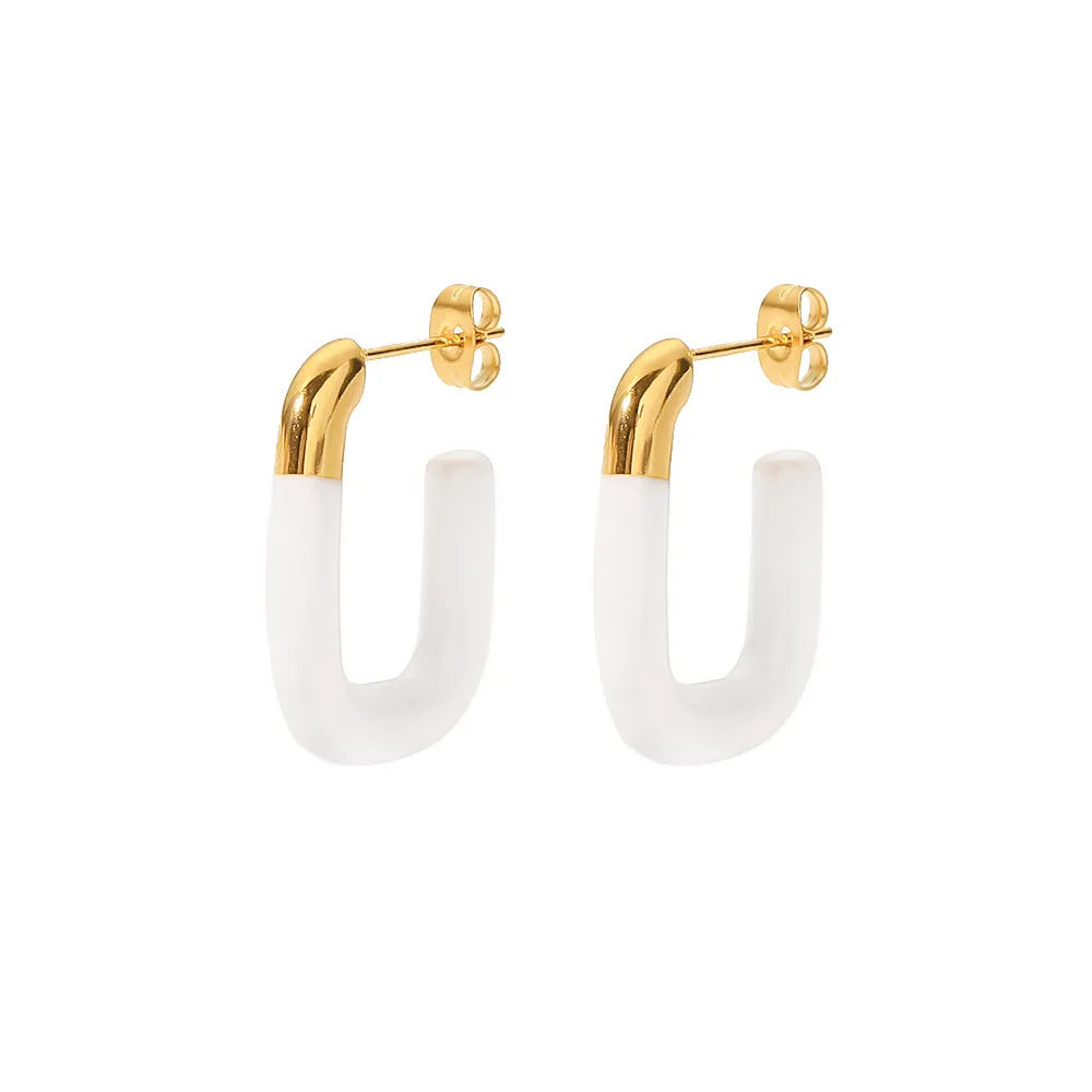 2026 Vintage White Oil Dripping U-shaped Open 18K Gold Plated 304/316L Stainless Steel Jewelry Gift Stud Earrings for Women