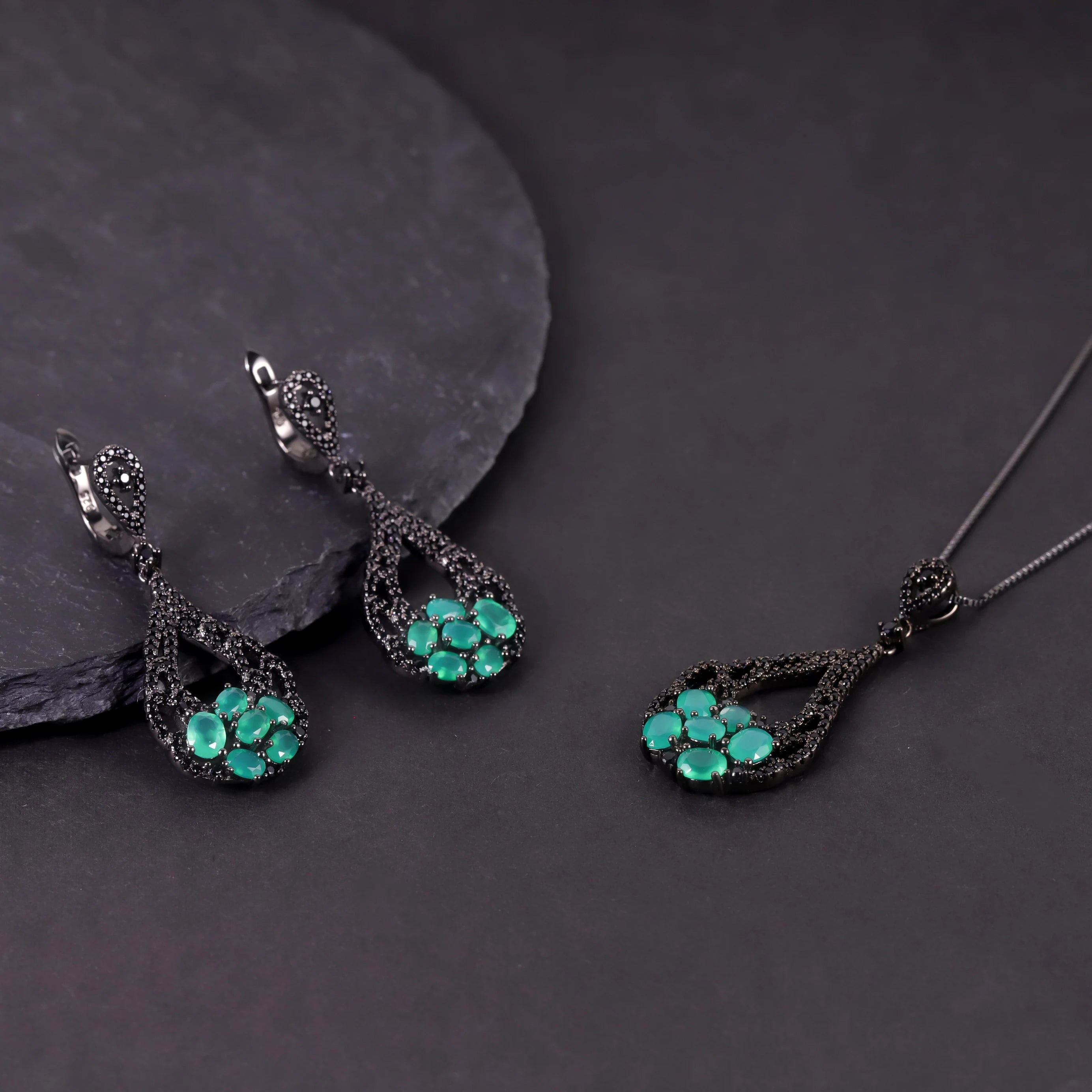 W0503 Wholesale Custom Mother's Jewelry Agate Jewelry Set Black Gun Plated 925 Silver Green Gemstone Cute Designs Jewelry Set