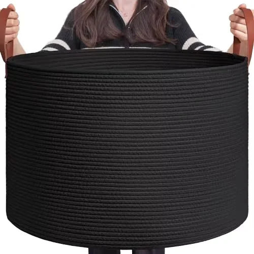 Cotton Rope Laundry Hamper Woven Laundry Storage Basket Blanket Basket for Living Room with Leather Handle