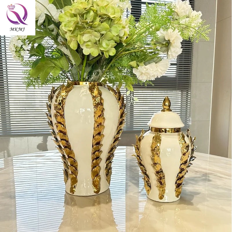 Electroplated Golden Leaf Vertical Stripe Ginger Jar Modern Light Luxury White Ceramic Vase for Living Room Entryway Home Decor