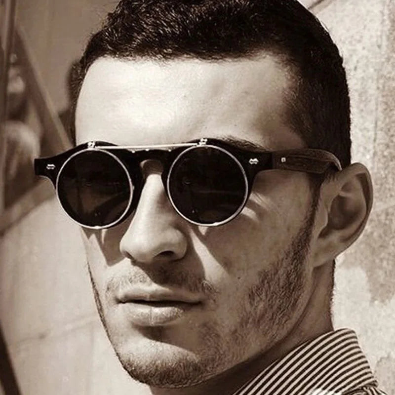 2021 Men Fashion Round Rrame Flip Sun Glasses Retro Vintage Nail Punk Shades Sunglasses Wholesale
