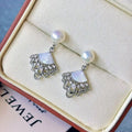 Dynamic and Exquisite New Retro Palace Fan-shaped Lace Mother of Pearl Earrings with 7mm Natural Freshwater Pearl Earrings