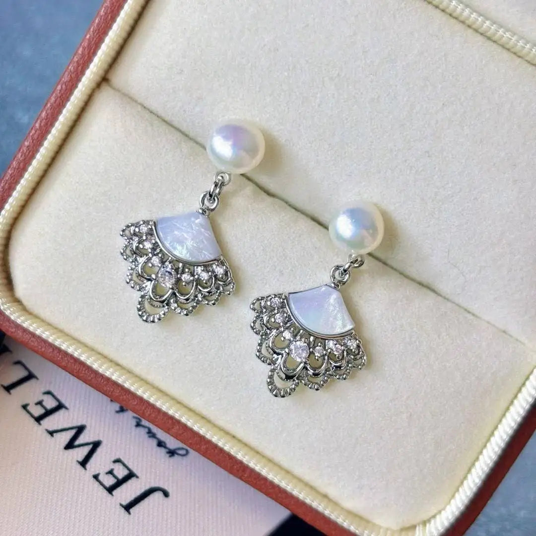 Dynamic and Exquisite New Retro Palace Fan-shaped Lace Mother of Pearl Earrings with 7mm Natural Freshwater Pearl Earrings