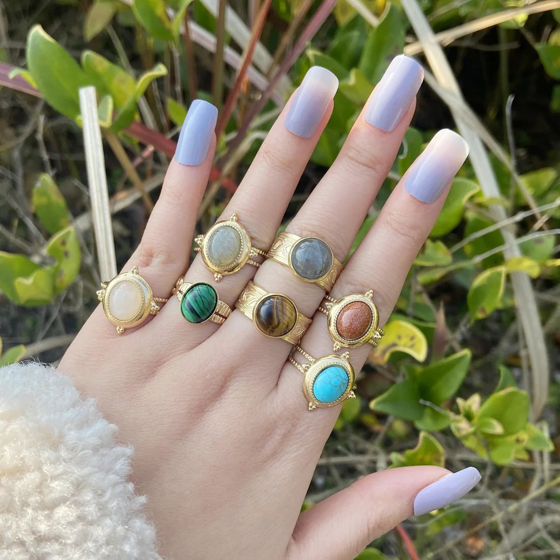 2022 Fashion Gold Plated Turquoise Onyx Finger Ring Women's Colorful Natural Stone Stainless Steel Ring Jewelry For Party