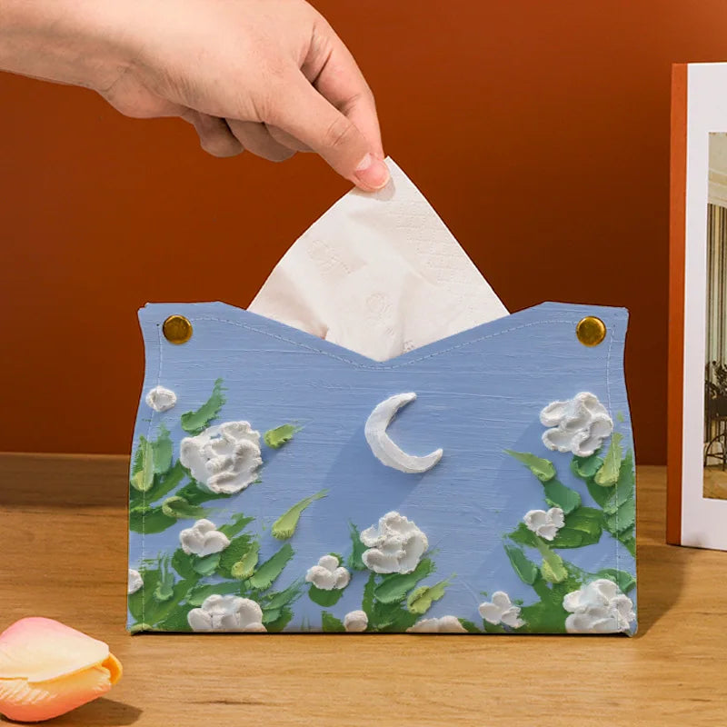 Light Luxury Oil Painting Rose Tissue Box Home Living Room Leather Tissue Storage Box Restaurant Table Decor Car Tissue Holder