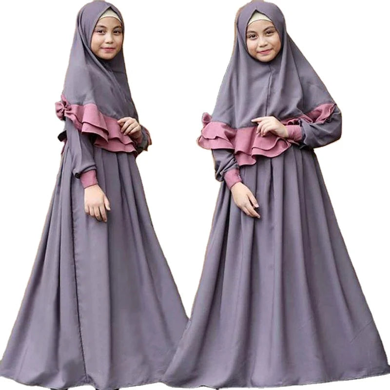 Wholesale Girls Ramadan Abaya With Hijab Two Piece Set Muslim Dress