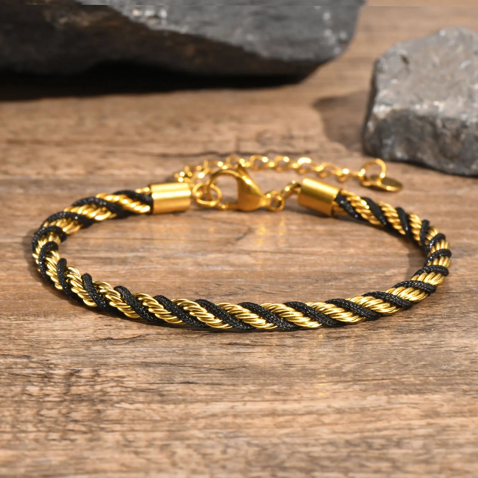 18K Gold Plated Twisted 316L Stainless Steel Black Nylon Rope Cable Wire Bracelets Bangles for Men