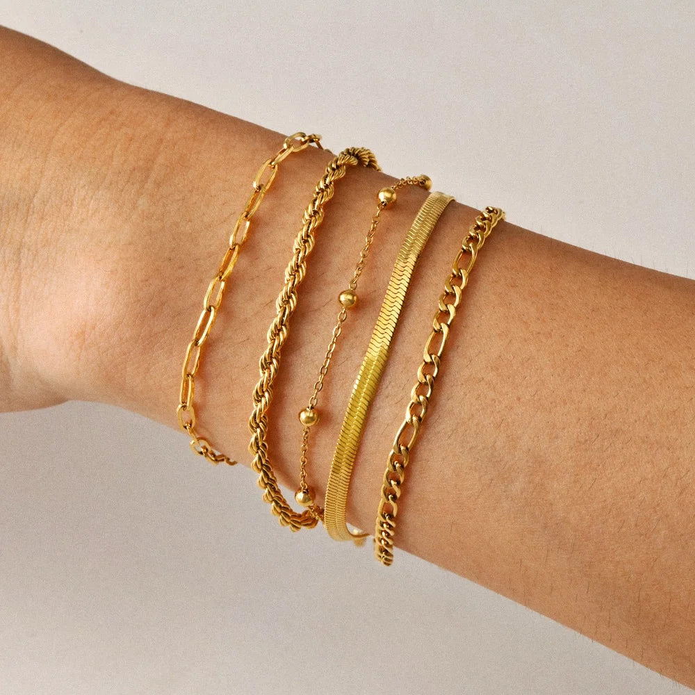 High End Gold Plated Stainless Steel Snake Rope Paper Clip Figaro Bead Chain 5 Pcs/set Bracelet for Women Wholesale Jewelry