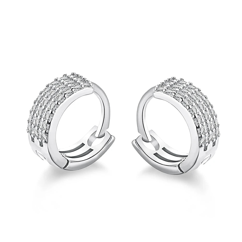 Dylam Wholesale Rhodium Plated 3 Line Silver Huggie Hoop Earrings With Pave Zircon Jewelry for Women Girls 925 Sterling Silver