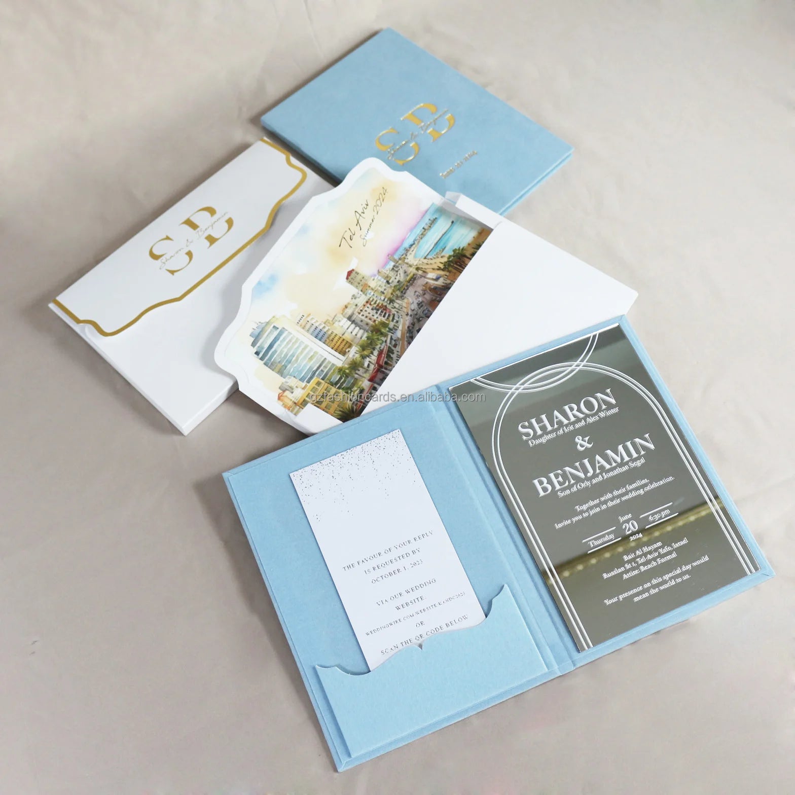 DIY Ideas Silver Acrylic Cards Custom Printed Paper Envelopes RSVP Card Luxury Wedding Sky Blue Velvet Hardcover Invitations