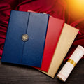Vegan Trifold Leather Certificate Folder Holder With Magnetic Round BuckleGold Stamping Logo Hard Cover Diploma Holder Cover