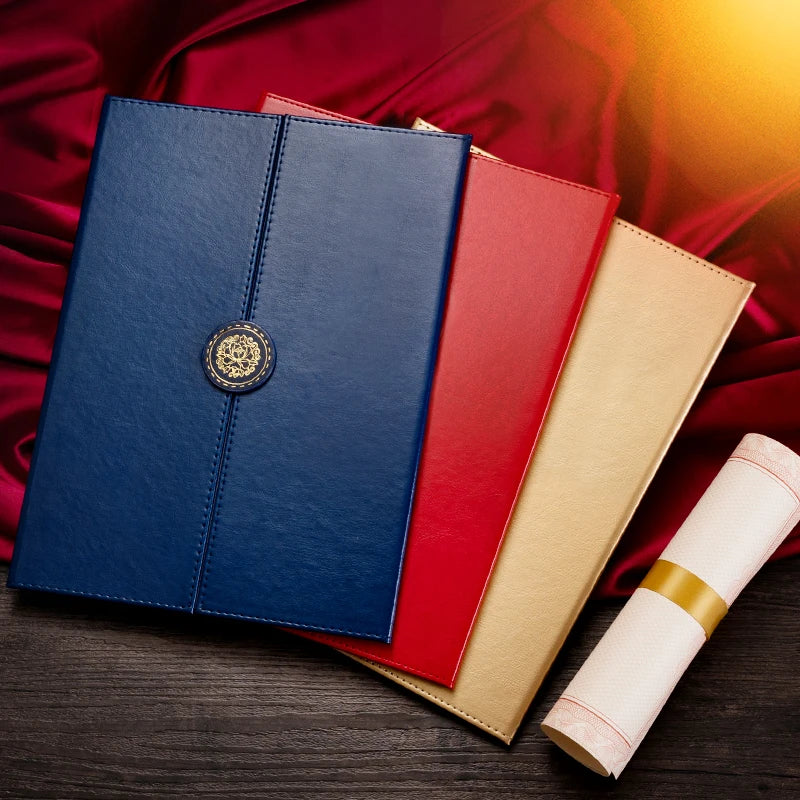 Vegan Trifold Leather Certificate Folder Holder With Magnetic Round BuckleGold Stamping Logo Hard Cover Diploma Holder Cover