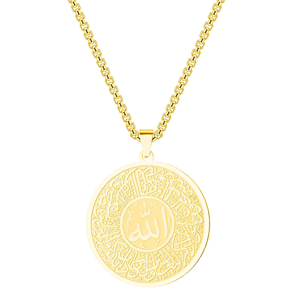 Allah Chain Round Muslim Allah Arabic Pendant Necklace for Men Women Box Chain Stainless Steel Islam Quran Jewelry