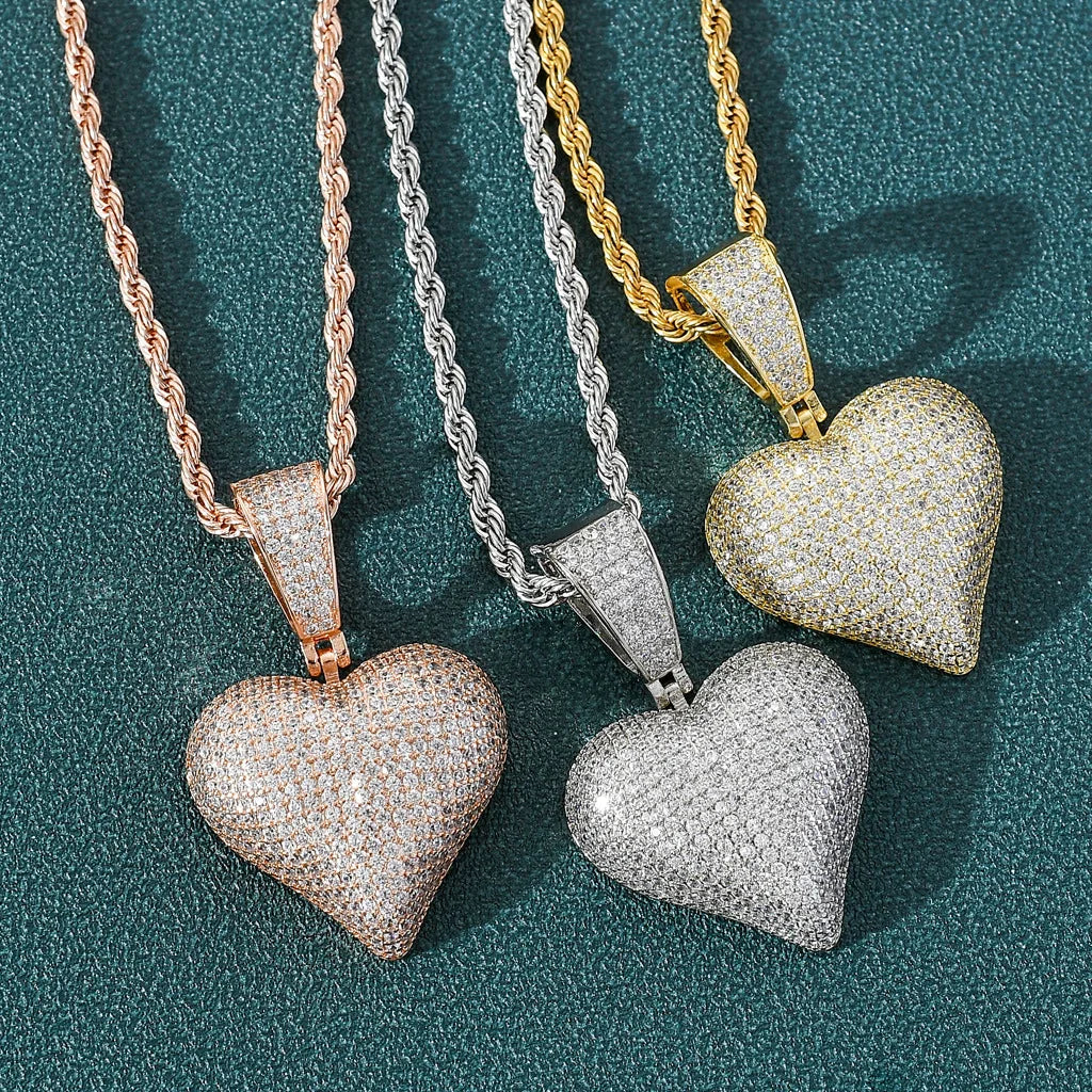 Big Heart Classic Design 14k Gold Rose Gold Zircon Iced Out Hip Hop Unisex Pendant Necklace with Free Chain