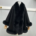 MWfur Winter Wool Poncho Luxury Double-sided Wool Cape Shawl with Fox Fur Trim for Women