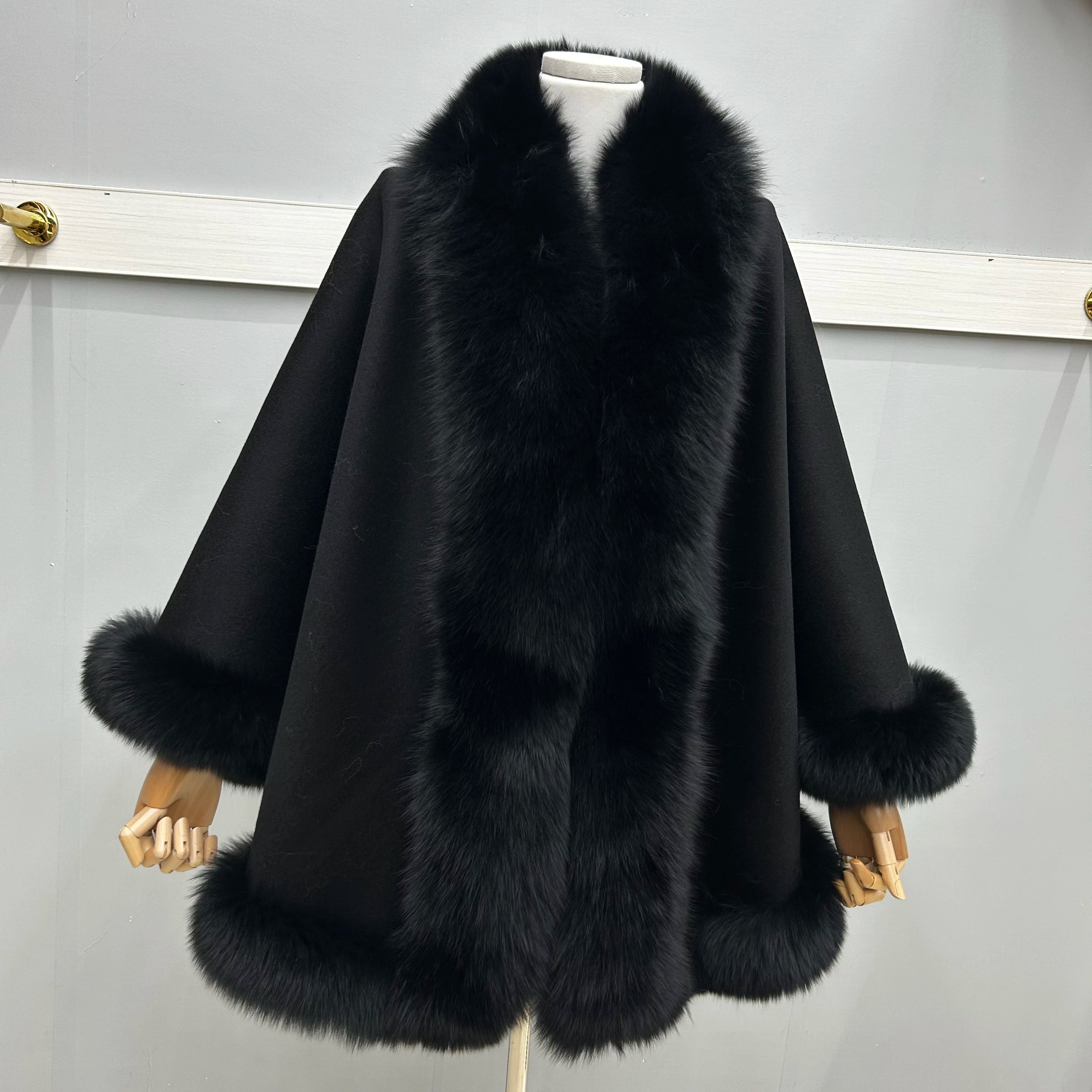 MWfur Winter Wool Poncho Luxury Double-sided Wool Cape Shawl with Fox Fur Trim for Women