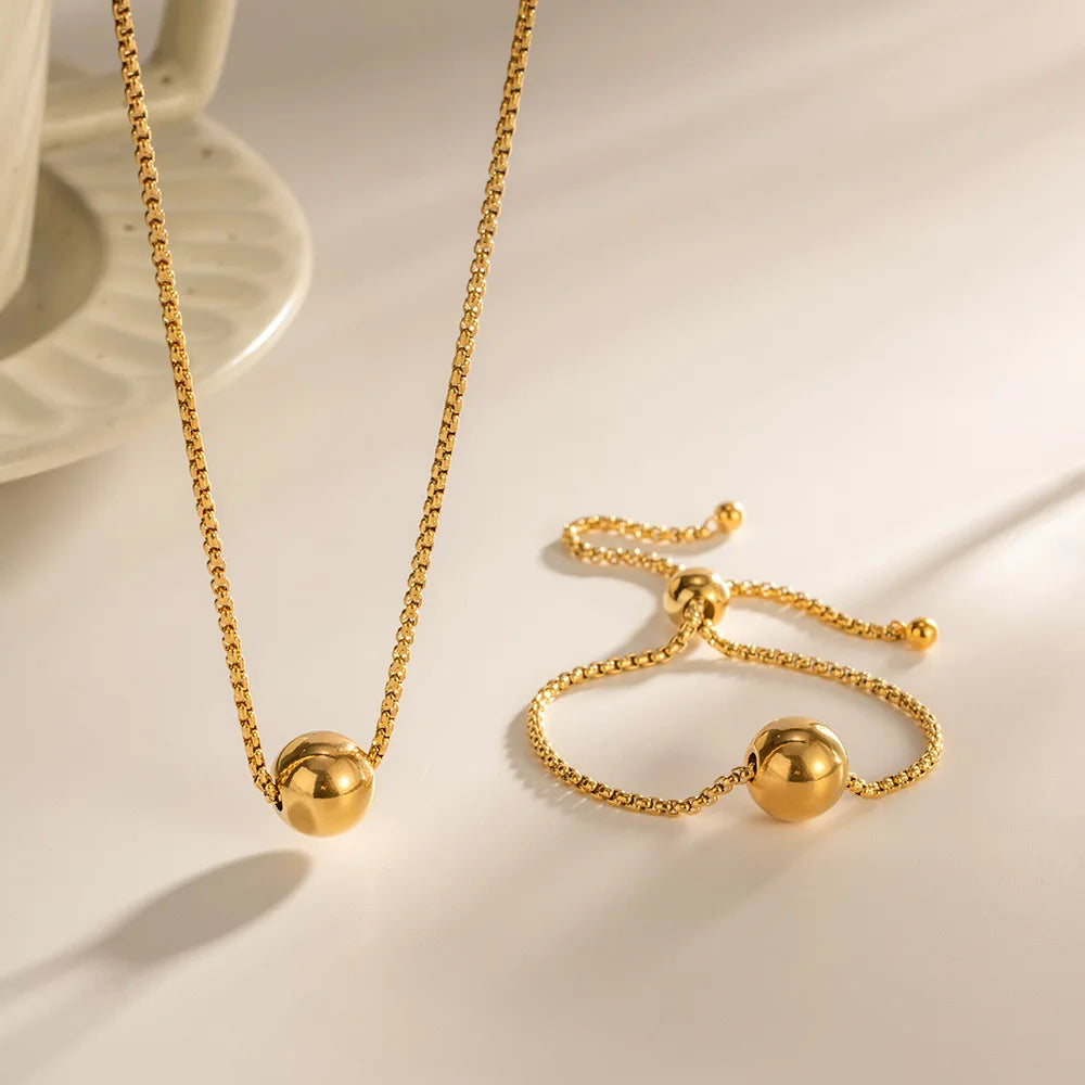 Stainless Steel 18k Gold Plated Ball Necklace Bracelet for Women