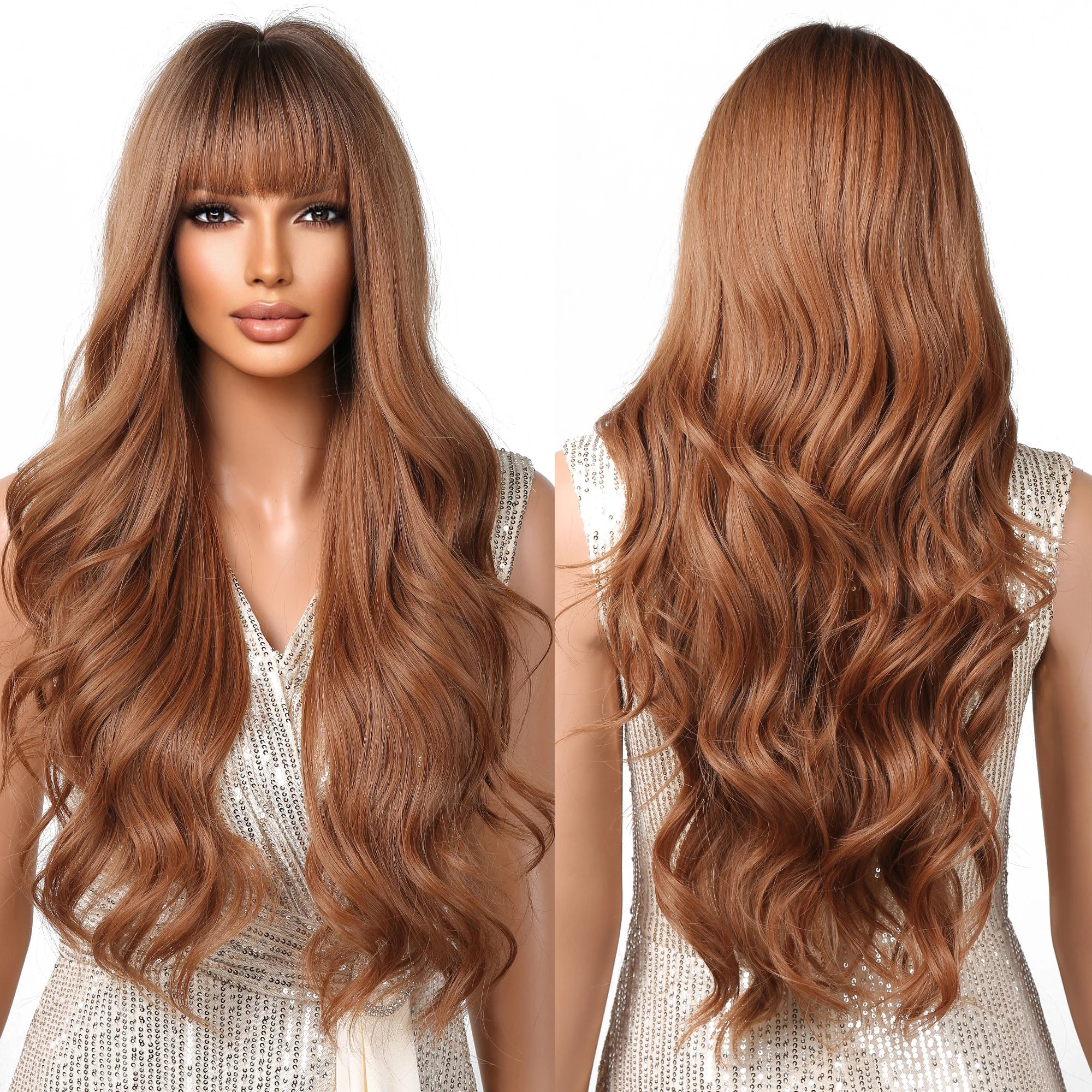 Wigs Wholesale Long Brown Copper Synthetic Wigs Ombre Natural Wavy Hair Wig With Bangs for Black Women
