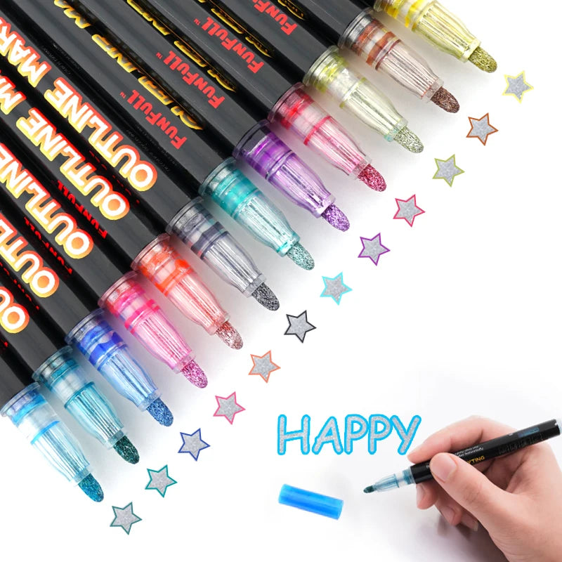 Super Squiggles 12 Colors Self Outline Metallic Marker Pen Double Outline Markers Glitter Marker Pens Set
