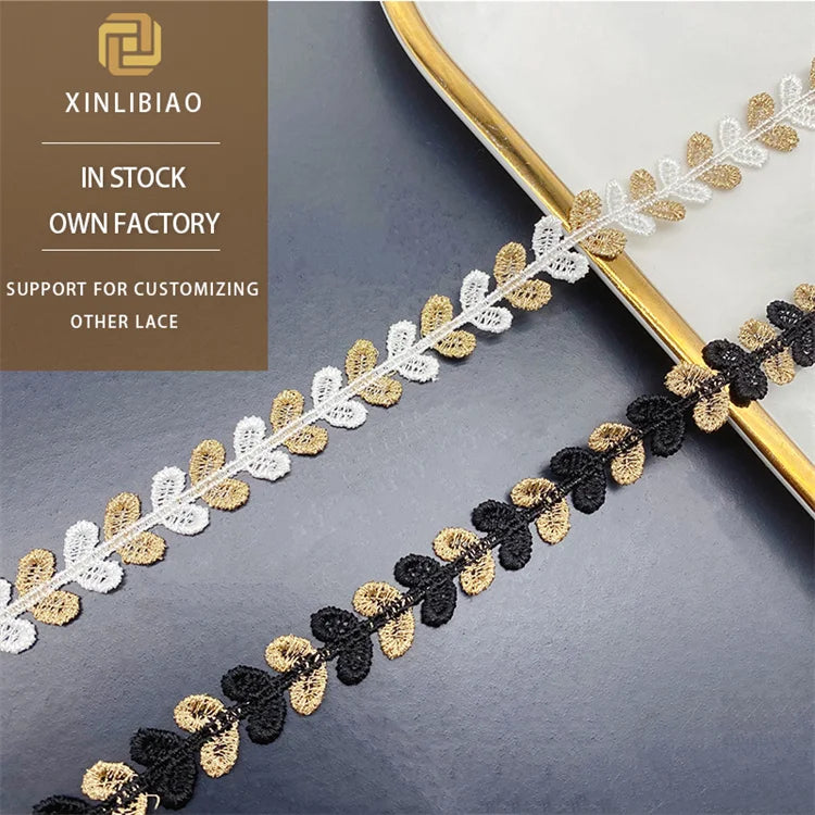Women's Elegant Water-Soluble Lace Dress Accessories Gold Thread Barcode Leaf Spotted Black White Plus Gold Fabric Unique Lace