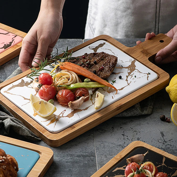 Nordic Dinnerware Restaurant White Black Marble Square Ceramic Steak Plate with Wood Tray and Handle
