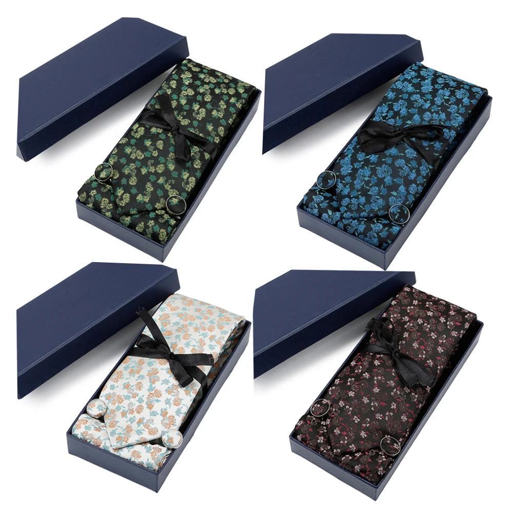 Handmade Men's Polyester Jacquard Necktie Hanky Cufflinks Set Business Suit Accessories Gift Box for Business Formal Occasions