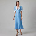 French Elegant Patchwork Peter Pan Collar Short Sleeves Ladies Dresses Single Breasted High Elastic Waist Printed Women Dress