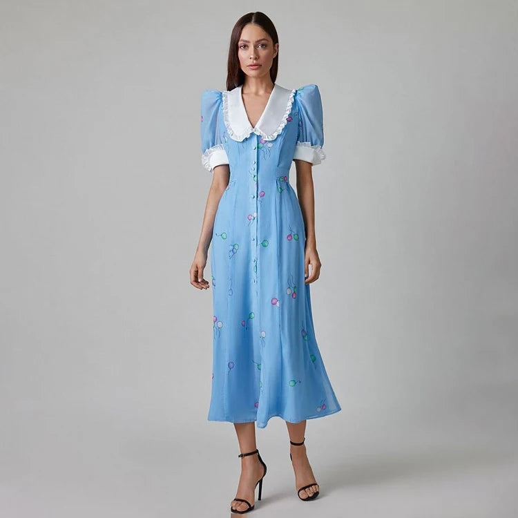French Elegant Patchwork Peter Pan Collar Short Sleeves Ladies Dresses Single Breasted High Elastic Waist Printed Women Dress