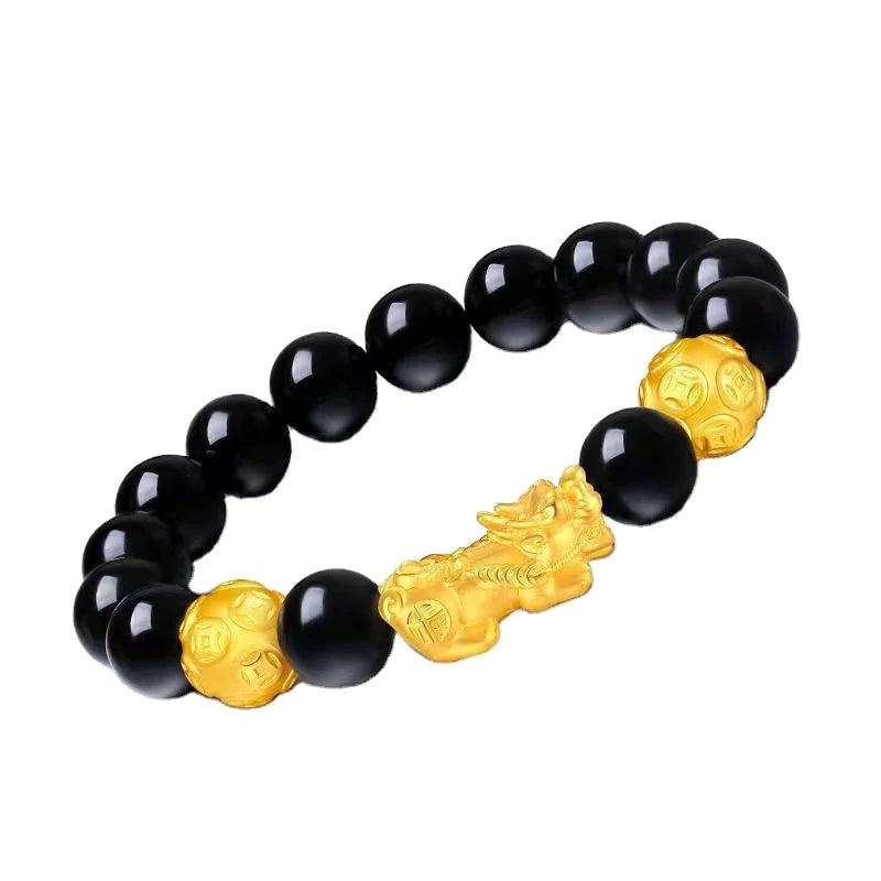 Dubai Gold Jewelry Brass Gilt Pixiu Bracelet Lucky Beads Agate Obsidian Live Broadcast Dedicated Bracelets for Men and Women
