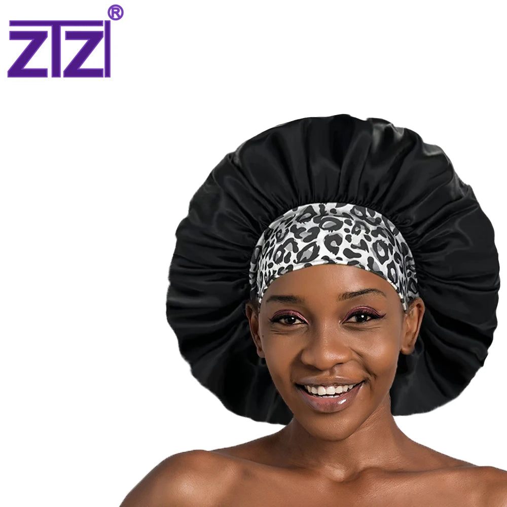 ZTZI Custom Logo Soft Silk Satin Bonnet for Natural Hair Curly Hair  Wide Band  Night Sleep Cap for Woman