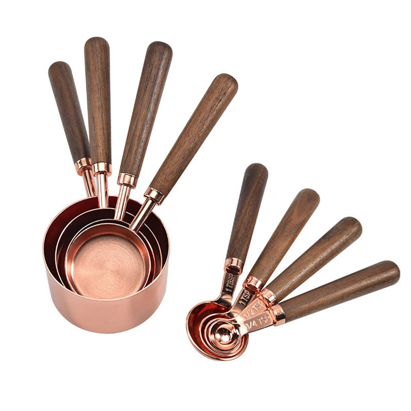 Set of 8 Copper Stainless Steel Walnut Handle Wooden Measuring Cups and Spoons for Dry and Liquid Ingredients