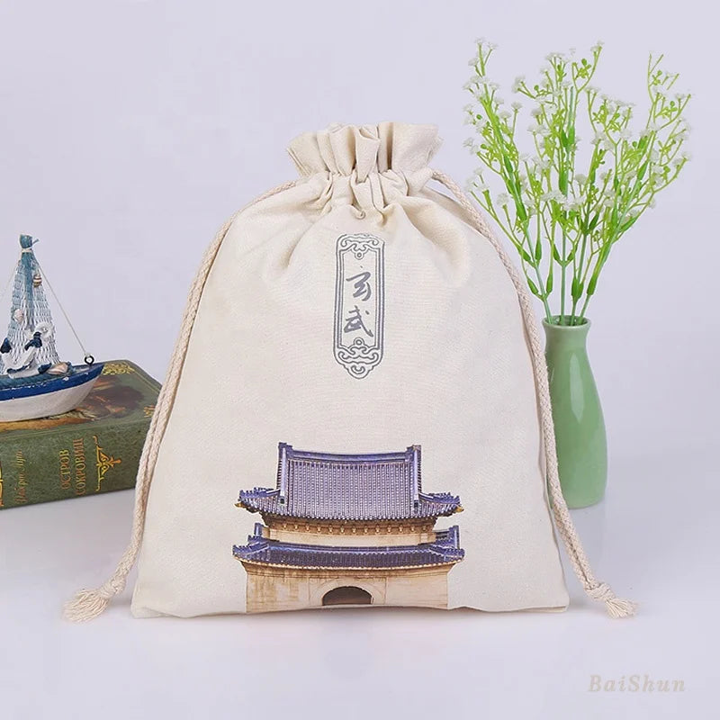Eco-Friendly  Custom Logo Printing Canvas Cotton Craft Gift Packaging Muslin Drawstring Shoe Dust Pouch Bag
