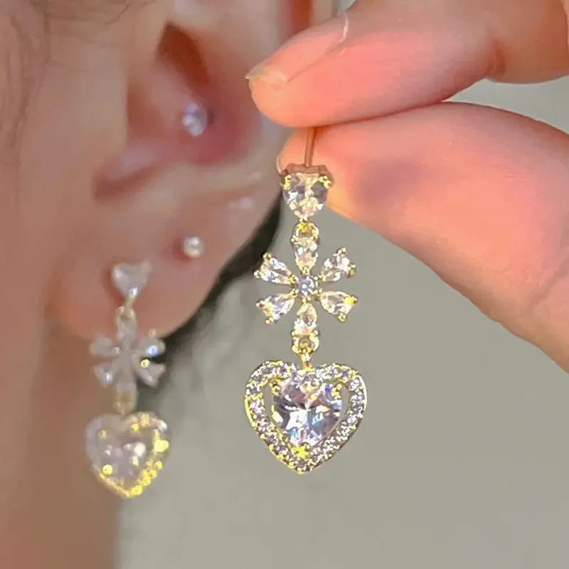 CAOSHI 18K Gold Plating Heart Pendant Earrings Female Bright Cubic Zirconia Wedding Engagement Long Drop Earrings Bridal Women