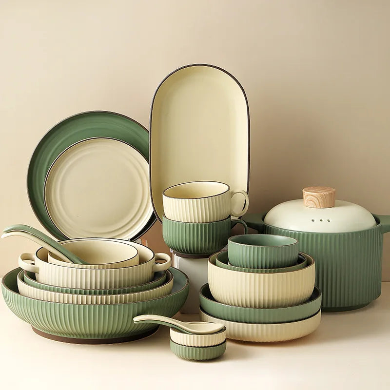 Nordic Ceramic Dishes Set Household Creative Simple Ins Vertical Striped Plates Combination Dinnerware Tableware Wholesale