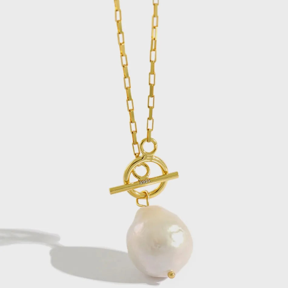 MN00464 Wholesale OT Lock Natural Freshwater Big Baroque Pearl Necklaces 925 Sterling Silver Gold Plated Pearl Jewelry