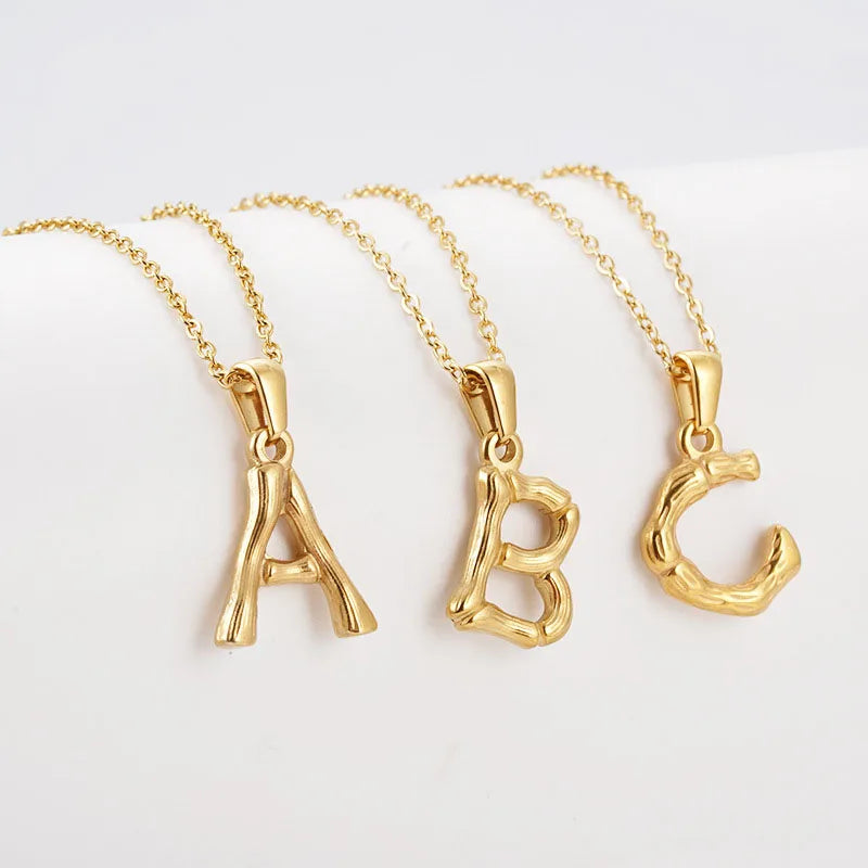 Custom 18K Stainless Steel 26 Initial Letter Alphabet Charm Jewelry Popular Hip Hop Gold Bamboo Letter Pendant Necklace