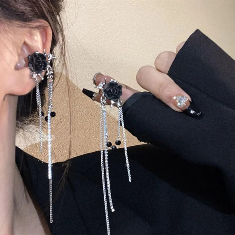 AA01156 Korean Rose Flower Crystal Diamond Chain Tassel Ear Clip Fashion Sense Ear Bone Clip Earring Without Ear Hole