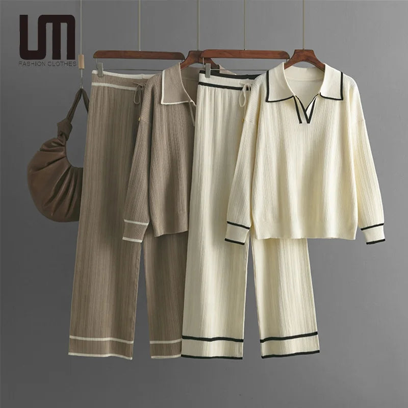 Liu Ming New Wholesale Autumn Winter Women Fashion Knitted Suits Long Sleeves Tops Long Wide Leg Pants Two Pieces Set