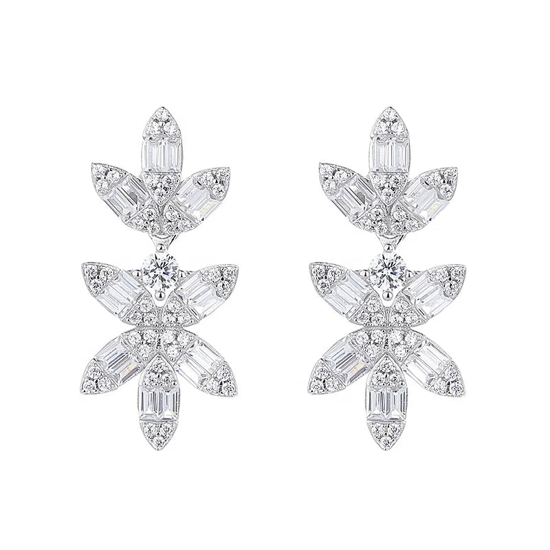 Luxury Iced Out Bling Baguette 8A Zirconia 925 Sterling Silver Rhodium Plated Cluster Flower Clover Drop Earrings for Women