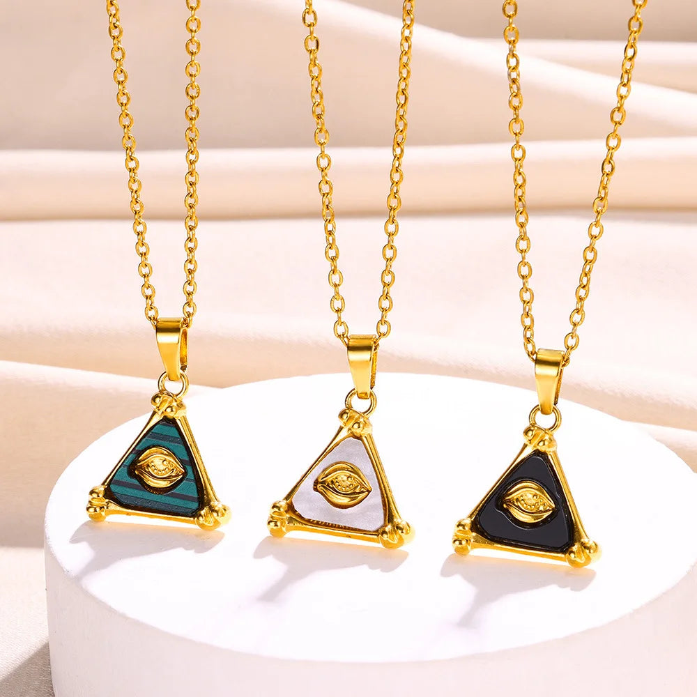 Stainless Steel Enamel Triangle Gold Evil Eye Necklace