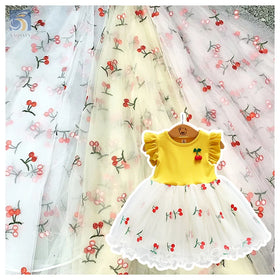 Cheap Competitive Wholesale Price Embroidery Lace Fabric Red Cherry Embroidery Tulle Mesh Fabric for Children