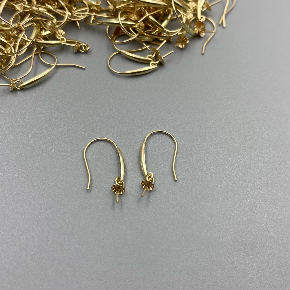 Au585 Jewelry DIY Accessories 14K 14ct Gold Hook Hoop Earring Holder Mounts Pearl Round GEM Stones Jewellery Finding DIY Making