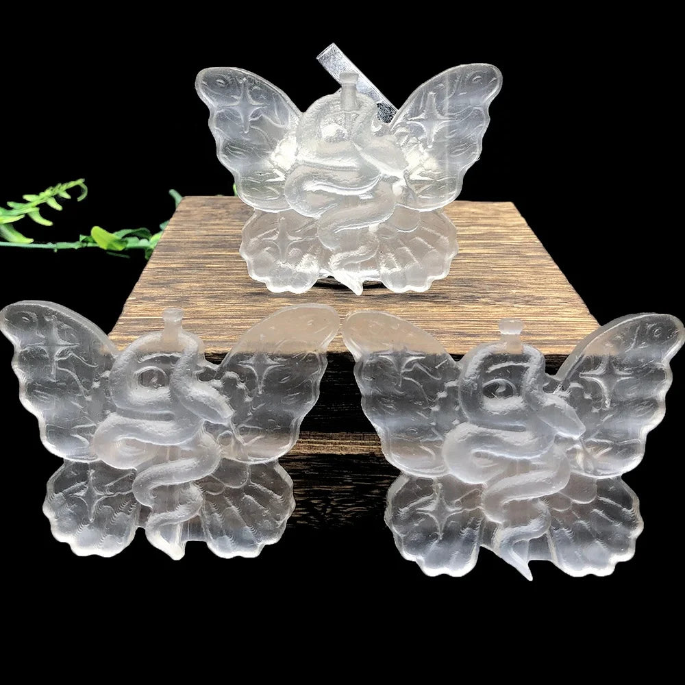 New Arrival Special Offer Natural High Quality Selenite Hand Carved Selenite Butterfly with Snake Carvings for Decoration