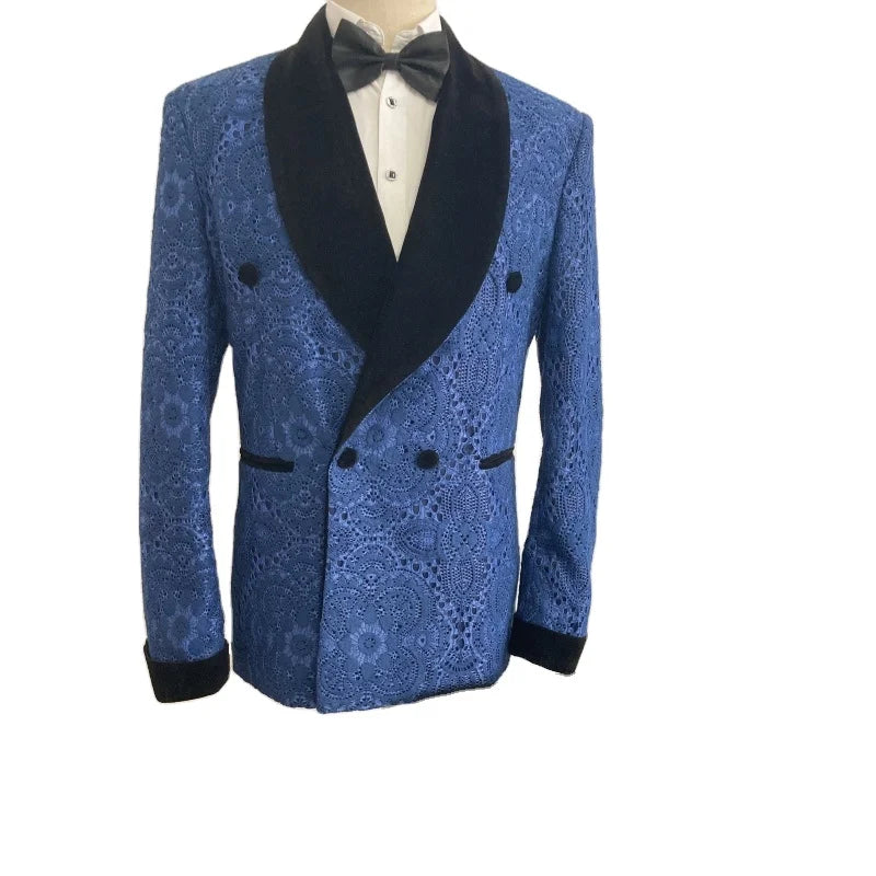 Latest Coat Design Lace Men Suits Tailor-Made Tuxedo 2 Pieces Blazer Velvet Lapel Wedding Party Groom Costume Homme