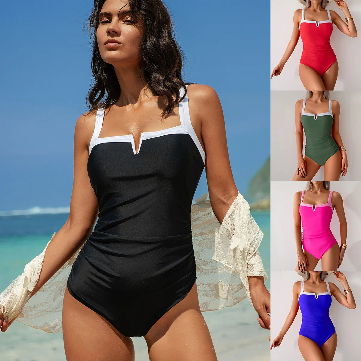 Women's Vintage-Style Swimwear Bodysuit Adjustable Strap Swimming Set Push Wear Bathing Bathing Bathers 1-Piece Female U