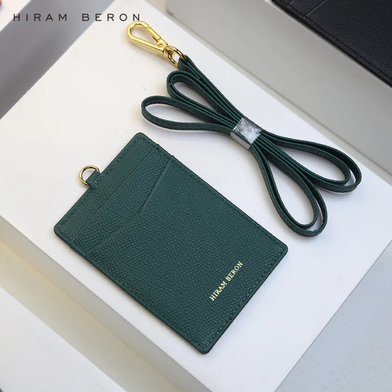 Hiram Beron Custom Logo Green Color Italian Cow Leather Id Card Holder With Lanyard Wallet OEM