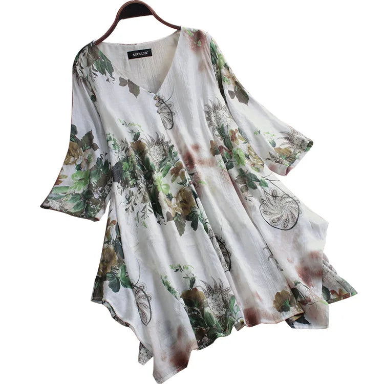 2025 New Arrivals Women's Loose Linen Blouse with Floral Print V-neck Buttons Plus Size Long Sleeve